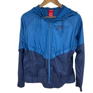 Nike Womens Blue Windbreaker Jacket With Hood & Full Zip Closure - Size M